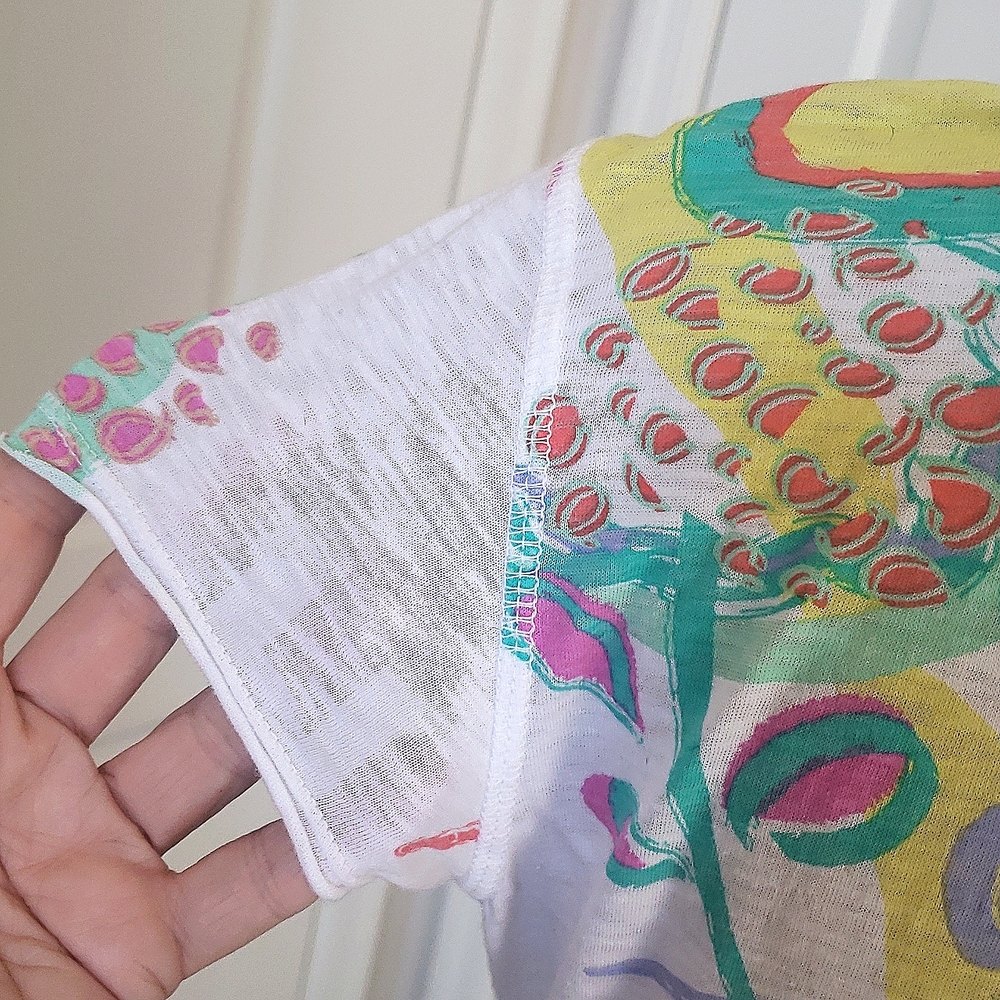 Fresh Produce Colorful Abstract Cotton Scoop‑Neck Top White Yellow Aqua • SMALL - Picture 7 of 14
